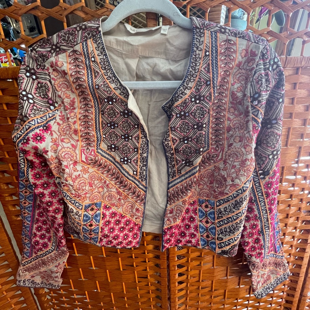 Soft Surroundings Red and Pink Blazer with Ornate Pattern
